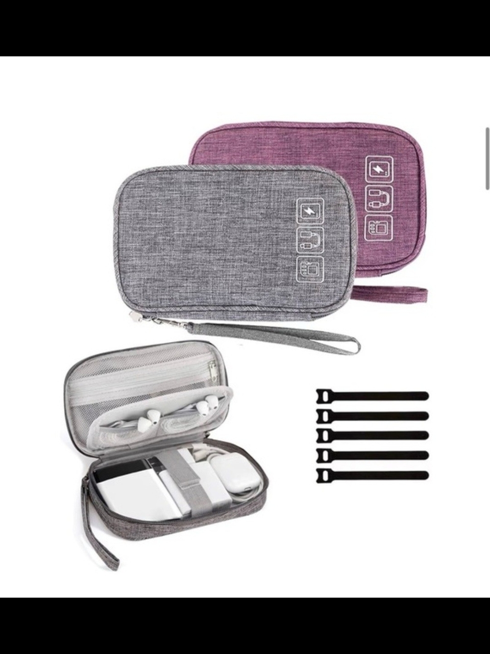 Electronics Organizer Travel Case Cable Phone Storage Pouch Grey or Purple New